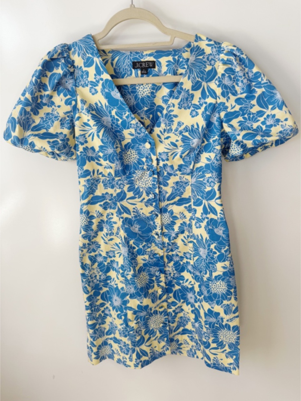 J.Crew Button-front puff-sleeve mini dress in blue floral twill Blue 0 - Picture 3 of 7